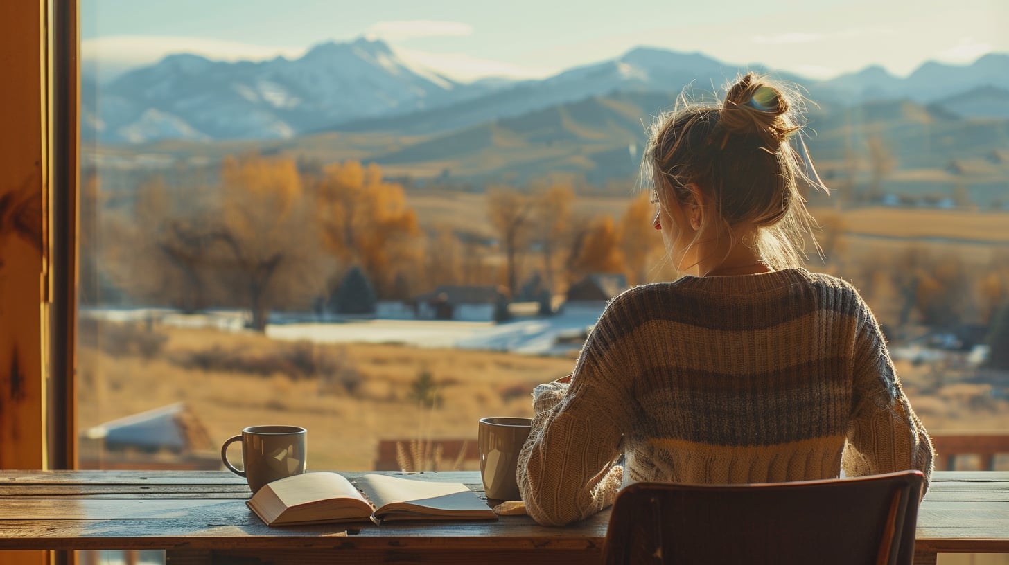 A calm moment with coffee and notes, looking out at the Colorado Front Range