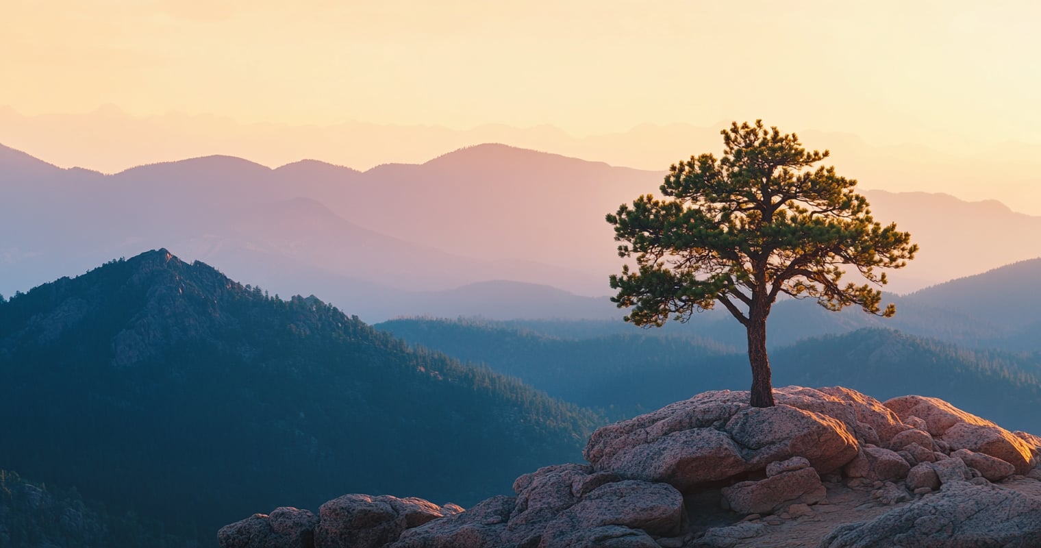 A lone pine overlooking Colorado's Front Range at dawn