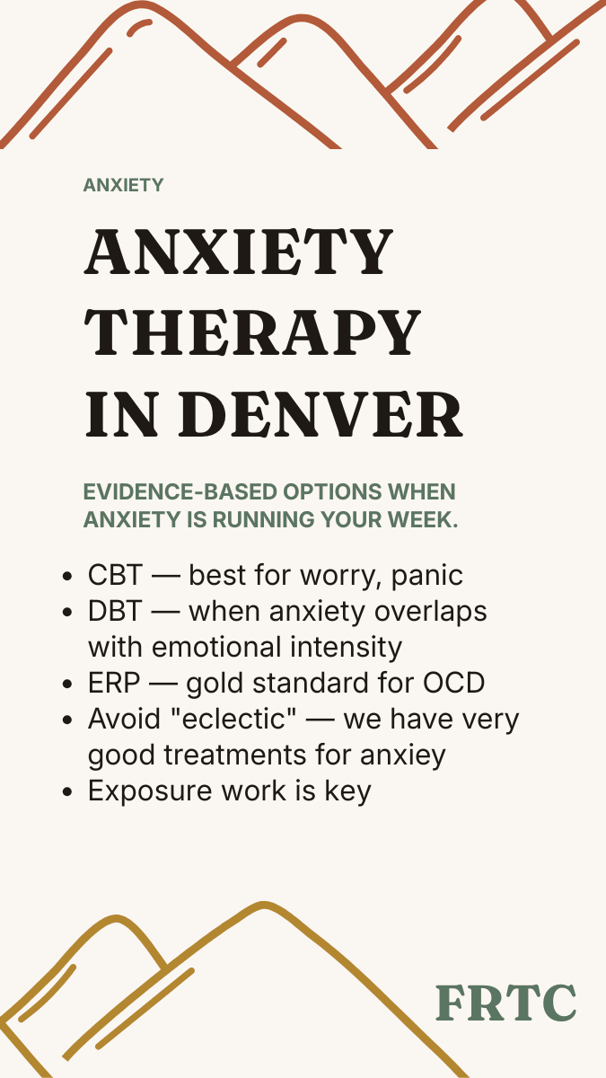 Choosing an anxiety therapy approach: CBT for focused worry, panic, and GAD; DBT when anxiety overlaps with emotional intensity; exposure or ERP for OCD and phobias; pick a specialist willing to do exposure work.